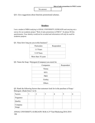 Promotion Questionnaire “ROLE OF SALES PROMOTION ON FMCG” | PDF