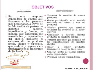 DESSERT S.AS (MINI TOI)
OBJETIVOS
OBJETIVO GENERAL
 Ser una empresa
generadora de empleo que
favorezca a las personas
más necesitadas, a través de
la fabricación de postres de
distintos sabores,
ingredientes y formas, de
manera que satisfagan las
necesidades y expectativas
del cliente, mediante el
consumo de un producto
fresco, blando y esponjoso,
que perdure, y no pierda sus
propiedades en el transcurso
de las horas.
OBJETIVOS ESPECÍFICOS
 Promover la creación de nuevos
productos
 Ganar participación en el mercado
(volumen de ventas y uso del
producto)
 Diseñar procesos que permitan
optimizar los recursos de la micro-
empresa
 Garantizar a nuestros clientes
productos de excelente calidad
 Fabricar productos que cumplan con
las especificaciones de nuestros
clientes
 Hacer y vender productos
innovadores, ricos y de buen costo
 Generar fuentes de trabajo estables
en las comunidades
 Promover cultura emprendedora
 