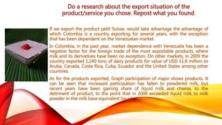 Do a research about the export situation of the 
product/service you chose. Repost what you found. 
If we export the product petit Suisse, would take advantage the advantage of 
which Colombia is a country exporting for several years, with the exception 
that has been dependent on the Venezuelan market. 
In Colombia, in the past year, market dependence with Venezuela has been a 
negative factor for the foreign trade of the most exportable products, where 
milk and its derivatives have been no exception. On other markets, in 2009 the 
country exported 1,240 tons of dairy products for value of USD 11.8 million to 
Aruba, Canada, Costa Rica, Cuba, Ecuador and the United States among other 
countries. 
As for the products exported, Graph participation of major shows products. It 
can be seen that increased participation has fallen to powdered milk, but 
recent years have been gaining share of liquid milk and cheese, to the 
detriment of product, to the point that in 2009 exceeded liquid milk to milk 
powder in the milk base equivalent liquid. 
