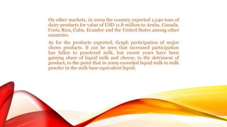 On other markets, in 2009 the country exported 1,240 tons of 
dairy products for value of USD 11.8 million to Aruba, Canada, 
Costa Rica, Cuba, Ecuador and the United States among other 
countries. 
As for the products exported, Graph participation of major 
shows products. It can be seen that increased participation 
has fallen to powdered milk, but recent years have been 
gaining share of liquid milk and cheese, to the detriment of 
product, to the point that in 2009 exceeded liquid milk to milk 
powder in the milk base equivalent liquid. 
