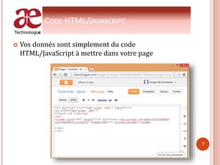 CODE HTML/JAVASCRIPT
 Vos donnés sont simplement du code
HTML/JavaScript à mettre dans votre page
7
 
