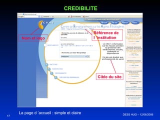 Nom et logo Cible du site Référence de l ’institution La page d ’accueil : simple et claire CREDIBILITE DESS HUG – 12/06/2006  17 