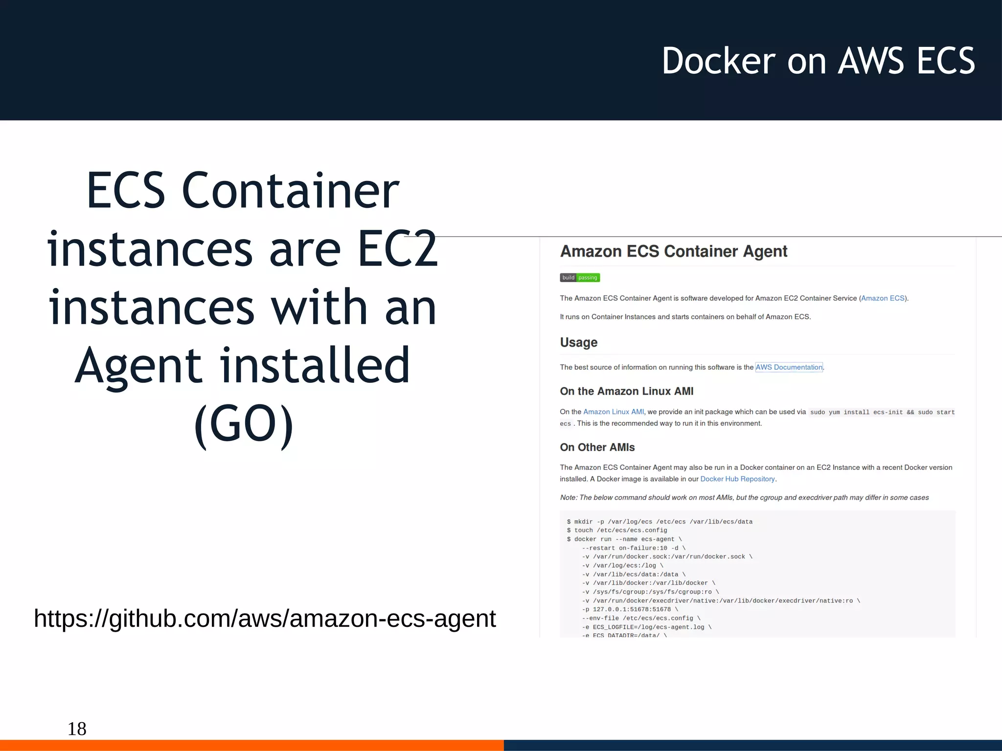 18
https://github.com/aws/amazon-ecs-agent
ECS Container
instances are EC2
instances with an
Agent installed
(GO)
Docker on AWS ECS
 