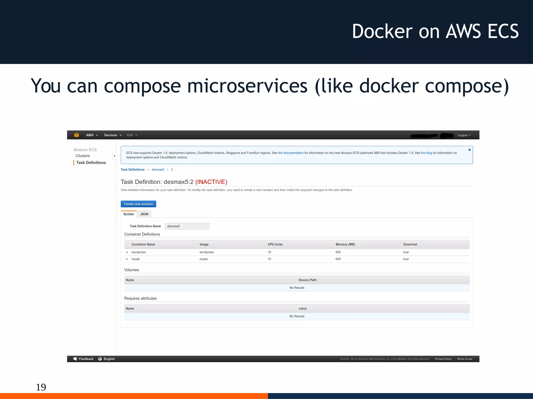19
You can compose microservices (like docker compose)
Docker on AWS ECS
 