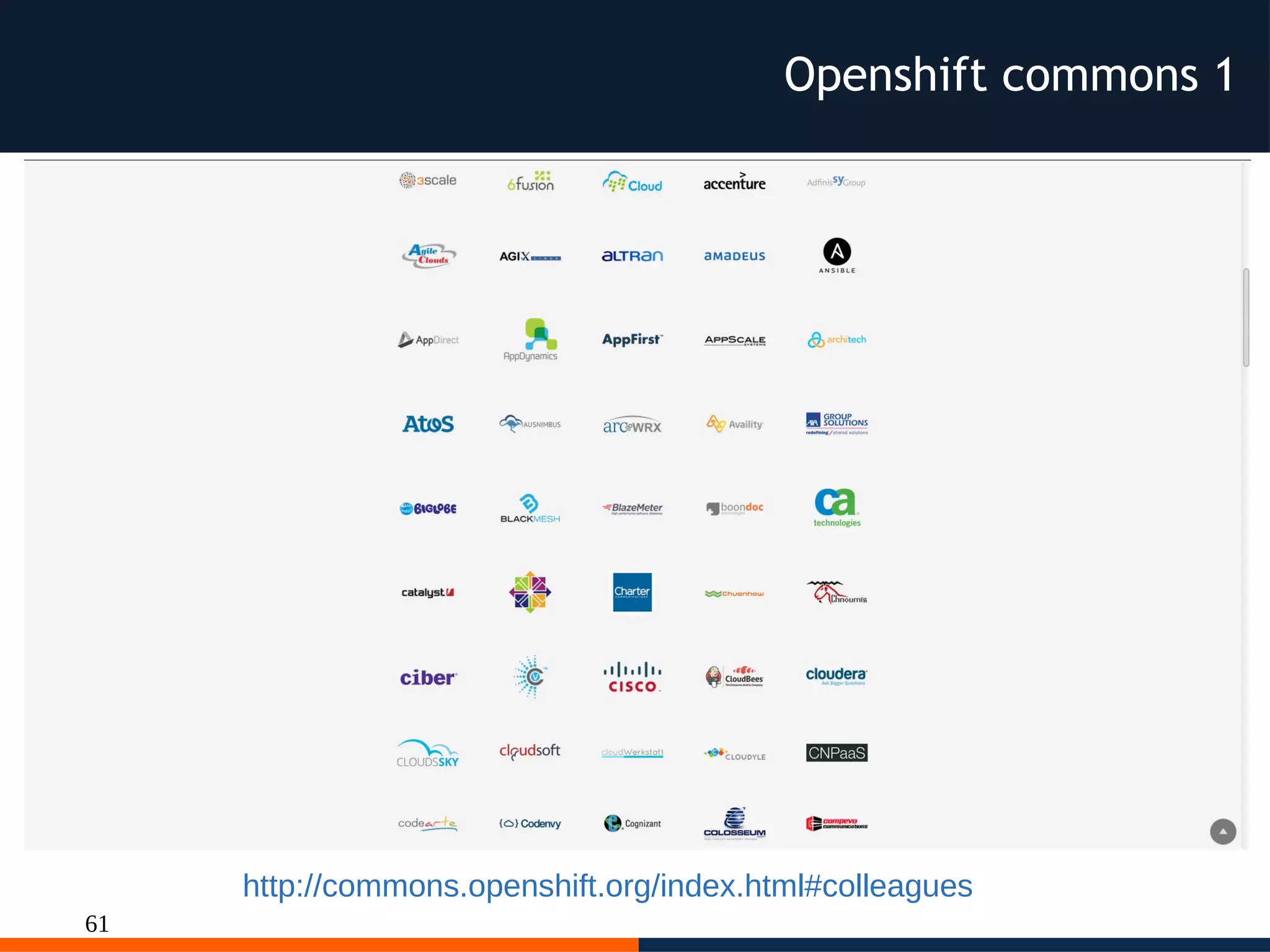 61
Openshift commons 1
http://commons.openshift.org/index.html#colleagues
 