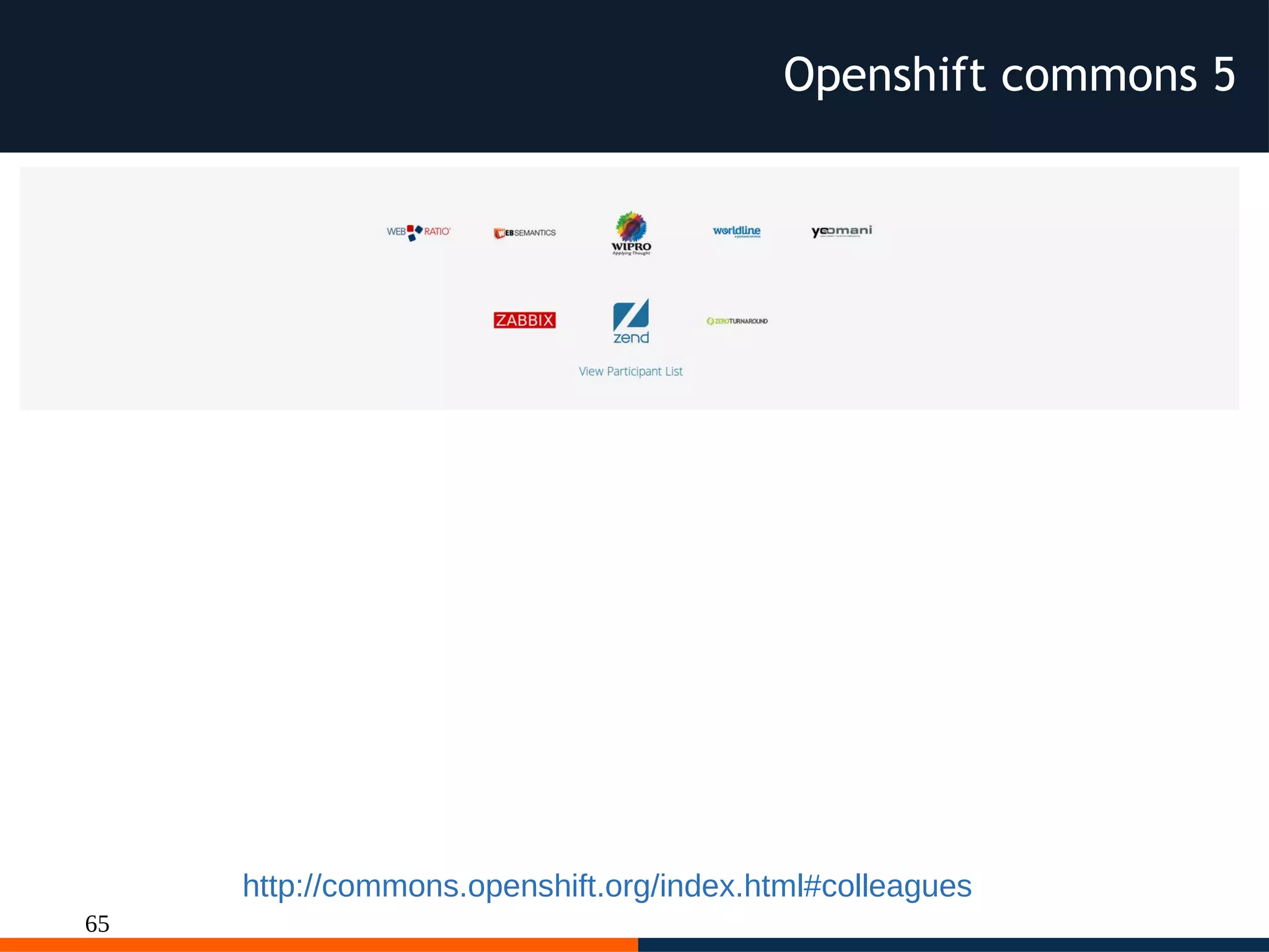 65
Openshift commons 5
http://commons.openshift.org/index.html#colleagues
 
