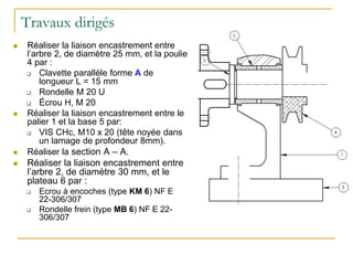 Travaux dirigés
 Réaliser la liaison encastrement entre
l’arbre 2, de diamètre 25 mm, et la poulie
4 par :
 Clavette parallèle forme A de
longueur L = 15 mm
 Rondelle M 20 U
 Écrou H, M 20
 Réaliser la liaison encastrement entre le
palier 1 et la base 5 par:
 VIS CHc, M10 x 20 (tête noyée dans
un lamage de profondeur 8mm).
 Réaliser la section A – A.
 Réaliser la liaison encastrement entre
l’arbre 2, de diamètre 30 mm, et le
plateau 6 par :
 Ecrou à encoches (type KM 6) NF E
22-306/307
 Rondelle frein (type MB 6) NF E 22-
306/307
 
