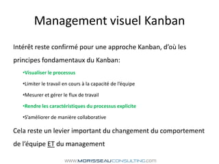 Management visuel KanbanIntérêt reste confirmé pour une approche Kanban, d’où les principes fondamentaux du Kanban:Visualiser le processusLimiter le travail en cours à la capacité de l’équipeMesurer et gérer le flux de travailRendre les caractéristiques du processus expliciteS’améliorer de manière collaborativeCela reste un levier important du changement du comportement de l’équipe ET du management