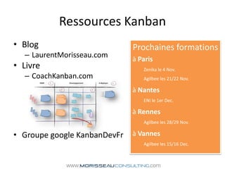 Ressources KanbanBlogLaurentMorisseau.comLivreCoachKanban.comGroupe googleKanbanDevFrProchaines formationsà ParisZenika le 4 Nov.Agilbee les 21/22 Nov.à NantesENI le 1er Dec.à RennesAgilbee les 28/29 Nov.à VannesAgilbee les 15/16 Dec.
