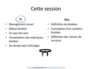 Cette sessionManagement visuelObeya KanbanUn peu de LeanVisualisation des métriques KanbanDu temps pour échangerOut.Définition du KanbanConception d’un système KanbanDéfinition des classes de servicesIn