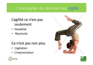 L’entreprise de demain est agile
g
L’agilité ce n’est pas 
seulement
• Flexibilité
• Réactivité

Ce n’est pas non plus
• L...