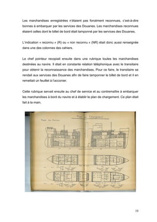 Les marchandises enregistrées n’étaient pas forcément reconnues, c’est-à-dire
bonnes à embarquer par les services des Douanes. Les marchandises reconnues
étaient celles dont le billet de bord était tamponné par les services des Douanes.
L’indication « reconnu » (R) ou « non reconnu » (NR) était donc aussi renseignée
dans une des colonnes des cahiers.
Le chef pointeur recopiait ensuite dans une rubrique toutes les marchandises
destinées au navire. Il était en constante relation téléphonique avec le transitaire
pour obtenir la reconnaissance des marchandises. Pour ce faire, le transitaire se
rendait aux services des Douanes afin de faire tamponner le billet de bord et il en
remettait un feuillet à l’acconier.
Cette rubrique servait ensuite au chef de service et au contremaître à embarquer
les marchandises à bord du navire et à établir le plan de chargement. Ce plan était
fait à la main.
10
 