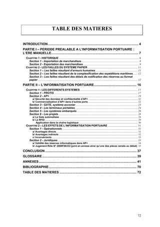 TABLE DES MATIERES
INTRODUCTION.................................................................................................... 4
PARTIE I – PERIODE PREALABLE A L’INFORMATISATION PORTUAIRE :
L’ERE MANUELLE................................................................................................ 7
CHAPITRE 1 - HISTORIQUE ...................................................................................................................... 8
Section 1 - Importation de marchandises..................................................................................... 8
Section 2 - Exportation des marchandises .................................................................................. 9
CHAPITRE 2 - LES FAILLES DU SYSTEME PAPIER.......................................................................... 11
Section 1 – Les failles résultant d’erreurs humaines .............................................................. 11
Section 2 – Les failles résultant de la complexification des expéditions maritimes....... 12
Section 3 – Les failles résultant des délais de notification des réserves au format
papier ................................................................................................................................................... 12
PARTIE II – L’INFORMATISATION PORTUAIRE............................................... 16
CHAPITRE 1 - LES DIFFERENTS SYSTEMES..................................................................................... 17
Section 1 - PROTIS ........................................................................................................................... 17
Section 2 - AP+ .................................................................................................................................. 19
a/ Sécurité des données et confidentialité d’AP+ ................................................................................. 22
b/ Commercialisation d’AP+ dans d’autres ports ................................................................................. 22
Section 3 - GATE, système acconier............................................................................................ 23
Section 4 - Les terminaux portables ............................................................................................ 24
Section 5 - Les systèmes embarqués.......................................................................................... 26
Section 6 - Les projets..................................................................................................................... 28
a/ La Gate automatisée ................................................................................................................................ 28
b/ Le RFID........................................................................................................................................................ 29
Application dans la chaîne logistique................................................................................................. 30
CHAPITRE 2 – LES EFFETS DE L’INFORMATISATION PORTUAIRE ............................................ 31
Section 1 - Opérationnels ............................................................................................................... 31
a/ Avantages directs..................................................................................................................................... 32
b/ Avantages indirects ................................................................................................................................. 32
c/ Inconvénients ............................................................................................................................................ 33
Section 2 - Juridiques...................................................................................................................... 33
a/ Validité des réserves informatiques dans AP+ ................................................................................. 34
b/ Jugement Rôle N° 2006F06333 (joint en annexe ainsi qu’une des pièces versée au débat). 35
CONCLUSION ..................................................................................................... 37
GLOSSAIRE ........................................................................................................ 39
ANNEXES............................................................................................................ 41
BIBLIOGRAPHIE................................................................................................. 70
TABLE DES MATIERES ..................................................................................... 72
72
 