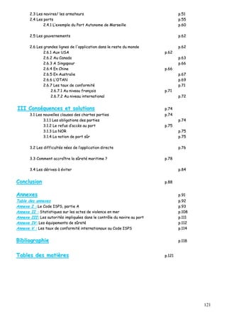 121
22..33 LLeess nnaavviirreess// lleess aarrmmaatteeuurrss pp..5511
22..44 LLeess ppoorrttss pp..5555
22..44..11 LL’’eexxeemmppllee dduu PPoorrtt AAuuttoonnoommee ddee MMaarrsseeiillllee pp..6600
22..55 LLeess ggoouuvveerrnneemmeennttss pp..6622
22..66 LLeess ggrraannddeess lliiggnneess ddee ll''aapppplliiccaattiioonn ddaannss llee rreessttee dduu mmoonnddee pp..6622
22..66..11 AAuuxx UUSSAA pp..6622
22..66..22 AAuu CCaannaaddaa pp..6633
22..66..33 AA SSiinnggaappoouurr pp..6666
22..66..44 EEnn CChhiinnee pp..6666
22..66..55 EEnn AAuussttrraalliiee pp..6677
22..66..66 LL’’OOTTAANN pp..6699
22..66..77 LLeess ttaauuxx ddee ccoonnffoorrmmiittéé pp..7711
22..66..77..11 AAuu nniivveeaauu ffrraannççaaiiss pp..7711
22..66..77..22 AAuu nniivveeaauu iinntteerrnnaattiioonnaall pp..7722
IIIIII CCoonnssééqquueenncceess eett ssoolluuttiioonnss pp..7744
33..11 LLeess nnoouuvveelllleess ccllaauusseess ddeess cchhaarrtteess ppaarrttiieess pp..7744
33..11..11 LLeess oobblliiggaattiioonnss ddeess ppaarrttiieess pp..7744
33..11..22 LLee rreeffuuss dd’’aaccccèèss aauu ppoorrtt pp..7755
33..11..33 LLaa NNOORR pp..7755
33..11..44 LLaa nnoottiioonn ddee ppoorrtt ssûûrr pp..7755
33..22 LLeess ddiiffffiiccuullttééss nnééeess ddee ll’’aapppplliiccaattiioonn ddiirreeccttee pp..7766
33..33 CCoommmmeenntt aaccccrrooîîttrree llaa ssûûrreettéé mmaarriittiimmee ?? pp..7788
33..44 LLeess ddéérriivveess àà éévviitteerr pp..8844
CCoonncclluussiioonn pp..8888
AAnnnneexxeess pp..9911
TTaabbllee ddeess aannnneexxeess pp..9922
AAnnnneexxee II :: LLee CCooddee IISSPPSS,, ppaarrttiiee AA pp..9933
AAnnnneexxee IIII :: SSttaattiissttiiqquueess ssuurr lleess aacctteess ddee vviioolleennccee eenn mmeerr pp..110088
AAnnnneexxee IIIIII:: LLeess aauuttoorriittééss iimmpplliiqquuééeess ddaannss llee ccoonnttrrôôllee dduu nnaavviirree aauu ppoorrtt pp..111111
AAnnnneexxee IIVV:: LLeess ééqquuiippeemmeennttss ddee ssûûrreettéé pp..111122
AAnnnneexxee VV :: LLeess ttaauuxx ddee ccoonnffoorrmmiittéé iinntteerrnnaattiioonnaauuxx aauu CCooddee IISSPPSS pp..111144
BBiibblliiooggrraapphhiiee pp..111188
TTaabblleess ddeess mmaattiièèrreess pp..112211
 