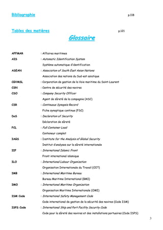 3
BBiibblliiooggrraapphhiiee pp..111188
TTaabblleess ddeess mmaattiièèrreess pp..112211
GGlloossssaaiirree
AAFFFFMMAARR :: AAffffaaiirreess mmaarriittiimmeess
AAIISS :: AAuuttoommaattiicc IIddeennttiiffiiccaattiioonn SSyysstteemm
SSyyssttèèmmee aauuttoommaattiiqquuee dd’’iiddeennttiiffiiccaattiioonn
AASSEEAANN :: AAssssoocciiaattiioonn ooff SSoouutthh EEaasstt AAssiiaann NNaattiioonnss
AAssssoocciiaattiioonn ddeess nnaattiioonnss dduu SSuudd--eesstt aassiiaattiiqquuee
CCGGVVMMSSLL :: CCoorrppoorraattiioonn ddee ggeessttiioonn ddee llaa VVooiiee mmaarriittiimmee dduu SSaaiinntt--LLaauurreenntt
CCSSNN :: CCeennttrree ddee ssééccuurriittéé ddeess nnaavviirreess
CCSSOO :: CCoommppaannyy SSeeccuurriittyy OOffffiicceerr
AAggeenntt ddee ssûûrreettéé ddee llaa ccoommppaaggnniiee ((AASSCC))
CCSSRR :: CCoonnttiinnuuoouuss SSyynnooppssiiss RReeccoorrdd
FFiicchhee ssyynnooppttiiqquuee ccoonnttiinnuuee ((FFSSCC))
DDooSS :: DDeeccllaarraattiioonn ooff SSeeccuurriittyy
DDééccllaarraattiioonn ddee ssûûrreettéé
FFCCLL :: FFuullll CCoonnttaaiinneerr LLooaadd
CCoonntteenneeuurr ccoommpplleett
IIAAGGSS :: IInnssttiittuuttee ffoorr tthhee AAnnaallyyssiiss ooff GGlloobbaall SSeeccuurriittyy
IInnssttiittuutt dd’’aannaallyysseess ssuurr llaa ssûûrreettéé iinntteerrnnaattiioonnaallee
IIIIFF :: IInntteerrnnaattiioonnaall IIssllaammiicc FFrroonntt
FFrroonntt iinntteerrnnaattiioonnaall iissllaammiiqquuee
IILLOO :: IInntteerrnnaattiioonnaall LLaabboouurr OOrrggaanniizzaattiioonn
OOrrggaanniissaattiioonn IInntteerrnnaattiioonnaallee dduu TTrraavvaaiill ((OOIITT))
IIMMBB :: IInntteerrnnaattiioonnaall MMaarriittiimmee BBuurreeaauu
BBuurreeaauu MMaarriittiimmee IInntteerrnnaattiioonnaall ((BBMMII))
IIMMOO :: IInntteerrnnaattiioonnaall MMaarriittiimmee OOrrggaanniizzaattiioonn
OOrrggaanniissaattiioonn MMaarriittiimmee IInntteerrnnaattiioonnaallee ((OOMMII))
IISSMM CCooddee :: IInntteerrnnaattiioonnaall SSaaffeettyy MMaannaaggeemmeenntt CCooddee
CCooddee iinntteerrnnaattiioonnaall ddee ggeessttiioonn ddee llaa ssééccuurriittéé ddeess nnaavviirreess ((CCooddee IISSMM))
IISSPPSS CCooddee :: IInntteerrnnaattiioonnaall SShhiipp aanndd PPoorrtt FFaacciilliittyy SSeeccuurriittyy CCooddee
CCooddee ppoouurr llaa ssûûrreettéé ddeess nnaavviirreess eett ddeess iinnssttaallllaattiioonnss ppoorrttuuaaiirreess ((CCooddee IISSPPSS))
 