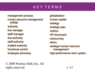 © 2008 Prentice Hall, Inc. All rights reserved. 1–13
K E Y T E R M S
management processmanagement process
human resource managementhuman resource management
(HRM)(HRM)
authorityauthority
line managerline manager
staff managerstaff manager
line authorityline authority
staff authoritystaff authority
implied authorityimplied authority
functional controlfunctional control
employee advocacyemployee advocacy
globalizationglobalization
human capitalhuman capital
strategystrategy
strategic planstrategic plan
metricsmetrics
HR ScorecardHR Scorecard
outsourcingoutsourcing
ethicsethics
strategic human resourcestrategic human resource
managementmanagement
high-performance work systemhigh-performance work system
 
