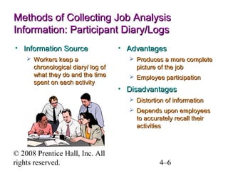 Methods of Collecting Job Analysis
Information: Participant Diary/Logs
• Information Source
 Workers keep a

chronological diary/ log of
what they do and the time
spent on each activity

• Advantages
 Produces a more complete

picture of the job
 Employee participation

• Disadvantages
 Distortion of information
 Depends upon employees

to accurately recall their
activities

© 2008 Prentice Hall, Inc. All
rights reserved.

4–6

 