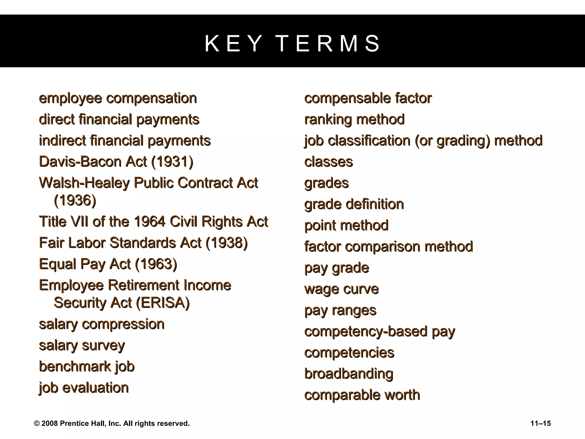 K E Y  T E R M S employee compensation direct financial payments indirect financial payments Davis-Bacon Act (1931) Walsh-Healey Public Contract Act (1936) Title VII of the 1964 Civil Rights Act Fair Labor Standards Act (1938) Equal Pay Act (1963) Employee Retirement Income Security Act (ERISA) salary compression salary survey benchmark job job evaluation compensable factor ranking method job classification (or grading) method classes grades grade definition point method factor comparison method pay grade wage curve pay ranges competency-based pay competencies broadbanding comparable worth 