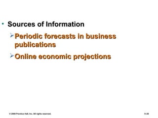 © 2008 Prentice Hall, Inc. All rights reserved. 5–20
• Sources of InformationSources of Information
Periodic forecasts in businessPeriodic forecasts in business
publicationspublications
Online economic projectionsOnline economic projections
 