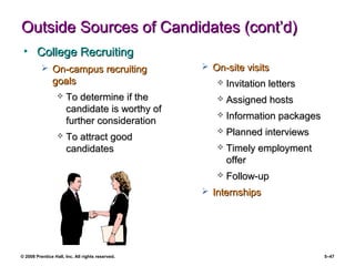 © 2008 Prentice Hall, Inc. All rights reserved. 5–47
Outside Sources of Candidates (cont’d)Outside Sources of Candidates (cont’d)
• College RecruitingCollege Recruiting
 On-campus recruitingOn-campus recruiting
goalsgoals
 To determine if theTo determine if the
candidate is worthy ofcandidate is worthy of
further considerationfurther consideration
 To attract goodTo attract good
candidatescandidates
 On-site visitsOn-site visits
 Invitation lettersInvitation letters
 Assigned hostsAssigned hosts
 Information packagesInformation packages
 Planned interviewsPlanned interviews
 Timely employmentTimely employment
offeroffer
 Follow-upFollow-up
 InternshipsInternships
 
