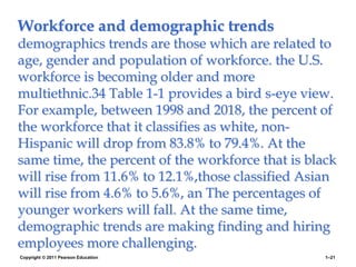 Workforce and demographic trends
demographics trends are those which are related to
age, gender and population of workforce. the U.S.
workforce is becoming older and more
multiethnic.34 Table 1-1 provides a bird s-eye view.
For example, between 1998 and 2018, the percent of
the workforce that it classifies as white, non-
Hispanic will drop from 83.8% to 79.4%. At the
same time, the percent of the workforce that is black
will rise from 11.6% to 12.1%,those classified Asian
will rise from 4.6% to 5.6%, an The percentages of
younger workers will fall. At the same time,
demographic trends are making finding and hiring
employees more challenging.
Copyright © 2011 Pearson Education 1–21
 