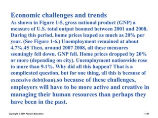 Economic challenges and trends
As shown in Figure 1-5, gross national product (GNP) a
measure of U.S. total output boomed between 2001 and 2008.
During this period, home prices leaped as much as 20% per
year. (See Figure 1-6.) Unemployment remained at about
4.7%.45 Then, around 2007 2008, all these measures
seemingly fell down. GNP fell. Home prices dropped by 20%
or more (depending on city). Unemployment nationwide rose
to more than 9.1%. Why did all this happen? That is a
complicated question, but for one thing, all this is because of
excessive debt(loan).so because of these challenges,
employers will have to be more active and creative in
managing their human resources than perhaps they
have been in the past.
Copyright © 2011 Pearson Education 1–25
 