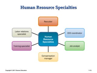 Copyright © 2011 Pearson Education 1–15
Human Resource SpecialtiesHuman Resource Specialties
Recruiter
EEO coordinator
Labor relations
specialist
Training specialist Job analyst
Compensation
manager
Human
Resource
Specialties
 