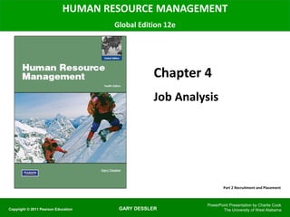 GARY DESSLER
HUMAN RESOURCE MANAGEMENT
Global Edition 12e
Chapter 4
Job Analysis
PowerPoint Presentation by Charlie Cook
The University of West Alabama
Copyright © 2011 Pearson Education
Part 2 Recruitment and Placement
 