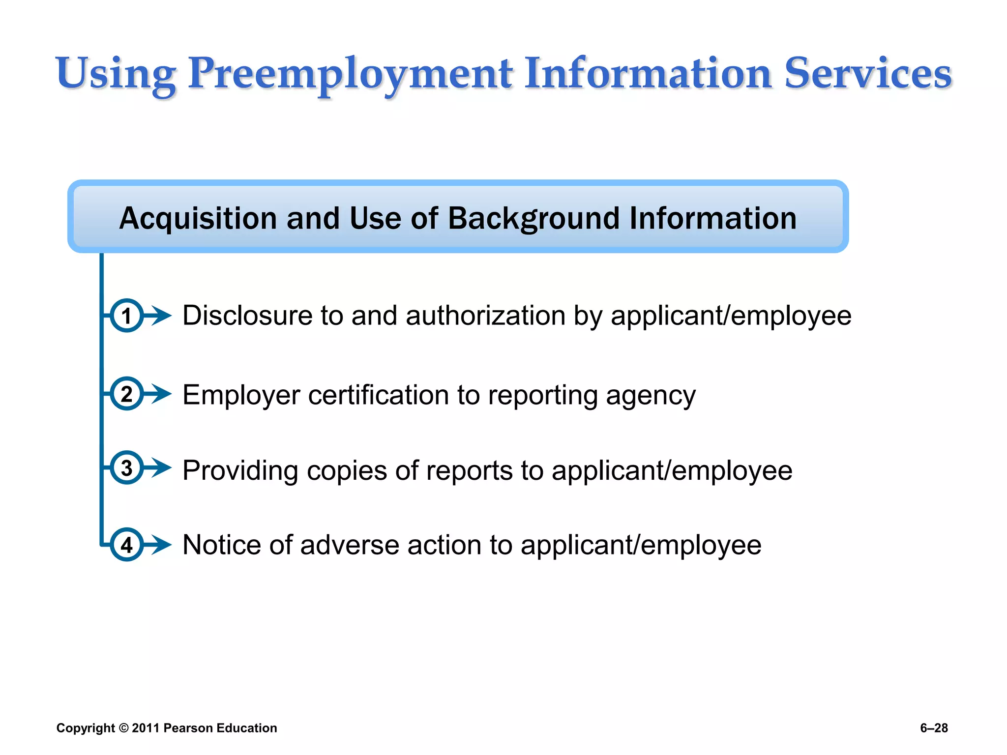 Copyright © 2011 Pearson Education 6–28
Using Preemployment Information Services
1
Notice of adverse action to applicant/employee
Employer certification to reporting agency
Acquisition and Use of Background Information
Disclosure to and authorization by applicant/employee
Providing copies of reports to applicant/employee
2
3
4
 