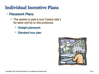 Copyright © 2011 Pearson Education, Inc. publishing as Prentice Hall 12–10
Individual Incentive PlansIndividual Incentive Plans
• Piecework PlansPiecework Plans
 The worker is paid a sum (“piece rate”)The worker is paid a sum (“piece rate”)
for each unit he or she produces.for each unit he or she produces.
 Straight pieceworkStraight piecework
 Standard hour planStandard hour plan
 