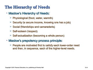 Copyright © 2011 Pearson Education, Inc. publishing as Prentice Hall 12–4
The Hierarchy of NeedsThe Hierarchy of Needs
• Maslow’s Hierarchy of Needs:Maslow’s Hierarchy of Needs:
 Physiological (food, water, warmth)Physiological (food, water, warmth)
 Security (a secure income, knowing one has a job)Security (a secure income, knowing one has a job)
 Social (friendships and camaraderie)Social (friendships and camaraderie)
 Self-esteem (respect)Self-esteem (respect)
 Self-actualization (becoming a whole person)Self-actualization (becoming a whole person)
• Maslow’s prepotency process principle:Maslow’s prepotency process principle:
 People are motivated first to satisfy each lower-order needPeople are motivated first to satisfy each lower-order need
and then, in sequence, each of the higher-level needs.and then, in sequence, each of the higher-level needs.
 