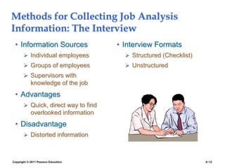 Copyright © 2011 Pearson Education 4–12
Methods for Collecting Job Analysis
Information: The Interview
• Information Sources
 Individual employees
 Groups of employees
 Supervisors with
knowledge of the job
• Advantages
 Quick, direct way to find
overlooked information
• Disadvantage
 Distorted information
• Interview Formats
 Structured (Checklist)
 Unstructured
 