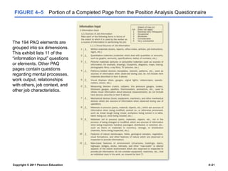 Copyright © 2011 Pearson Education 4–21
FIGURE 4–5 Portion of a Completed Page from the Position Analysis Questionnaire
The 194 PAQ elements are
grouped into six dimensions.
This exhibit lists 11 of the
“information input” questions
or elements. Other PAQ
pages contain questions
regarding mental processes,
work output, relationships
with others, job context, and
other job characteristics.
 