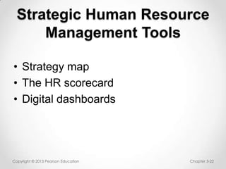 Strategic Human Resource
Management Tools
• Strategy map
• The HR scorecard
• Digital dashboards

Copyright © 2013 Pearson Education

Chapter 3-22

 