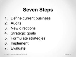 Seven Steps
1.
2.
3.
4.
5.
6.
7.

Define current business
Audits
New directions
Strategic goals
Formulate strategies
Implement
Evaluate

Copyright © 2013 Pearson Education

Chapter 3-8

 