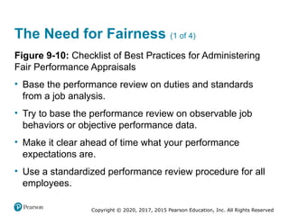 Copyright © 2020, 2017, 2015 Pearson Education, Inc. All Rights Reserved
The Need for Fairness (1 of 4)
Figure 9-10: Checklist of Best Practices for Administering
Fair Performance Appraisals
• Base the performance review on duties and standards
from a job analysis.
• Try to base the performance review on observable job
behaviors or objective performance data.
• Make it clear ahead of time what your performance
expectations are.
• Use a standardized performance review procedure for all
employees.
 