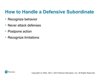 Copyright © 2020, 2017, 2015 Pearson Education, Inc. All Rights Reserved
How to Handle a Defensive Subordinate
• Recognize behavior
• Never attack defenses
• Postpone action
• Recognize limitations
 