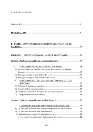 116
TABLE DES MATIERES
SOMMAIRE........................................................................................................................... 3
INTRODUCTION.................................................................................................................. 5
Ire PARTIE : IDENTIFICATION DES RESPONSABILITES EN CAS DE
NAUFRAGE ........................................................................................................................... 12
CHAPITRE 1 : IDENTIFICATION DE L’AUTEUR RESPONSABLE ......................... 13
Section 1 : Naufrage consécutif à un « Evènement de mer ».............................................. 14
I- RESPONSABILITE DECOULANT DE L’ABORDAGE.................................... 14
A) Abordage fortuit ou résultant d’un cas de force majeure ou abordage
douteux....................................................................................................................... 15
B) Abordage causé par la faute de l’un des navires ........................................................ 15
C) Abordage causé par la faute commune des navires.................................................... 16
II- RESPONSABILITE DE L’ASSISTANT COUPABLE D’UN
NAUFRAGE.......................................................................................................... 16
A) Définition de l’assistance maritime............................................................................ 17
B) Domaine de l’assistance maritime.............................................................................. 17
C) Conditions d’application du régime de l’assistance maritime ................................... 17
D) La responsabilité de l’assistant fautif......................................................................... 18
Section 2 : Naufrage consécutif à un « accident de mer » .................................................. 18
I- LES DIFFICULTES D’IDENTIFICATION DU RESPONSABLE...................... 19
A) Les difficultés d’identification de l’armateur/propriétaire non exploitant................. 19
B) Les difficultés d’identification du transporteur.......................................................... 23
1) Celles issues du système d’exploitation des navires ............................................... 24
a- Les contrats « traditionnels » d’exploitation des navires ..................................... 24
 