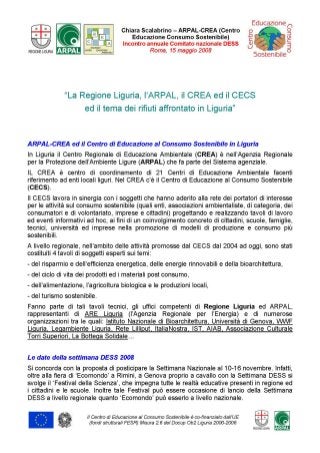 2008: La Regione Liguria, l‘ARPAL, il CREA ed il CECS ed il tema dei rifiuti affrontato in Liguria