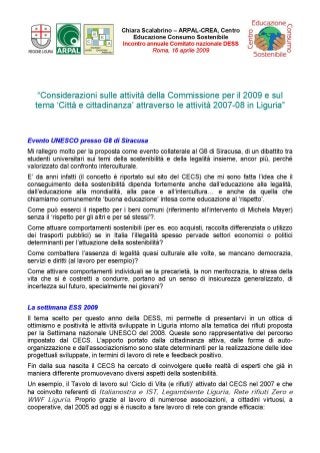 2009: Considerazioni sulle attività della Commissione per il 2009 e sul tema ‘Città e cittadinanza’ attraverso le attività 2007-08 in Liguria
