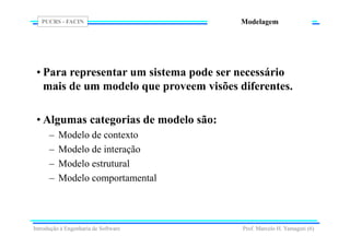 PUCRS - FACIN
Prof. Marcelo H. Yamaguti (6)
Modelagem
• Para representar um sistema pode ser necessário
mais de um modelo que proveem visões diferentes.
• Algumas categorias de modelo são:
– Modelo de contexto
– Modelo de interação
– Modelo estrutural
– Modelo comportamental
Introdução à Engenharia de Software
 