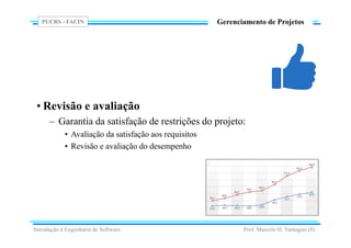 PUCRS - FACIN
Prof. Marcelo H. Yamaguti (8)
Gerenciamento de Projetos
• Revisão e avaliação
– Garantia da satisfação de restrições do projeto:
• Avaliação da satisfação aos requisitos
• Revisão e avaliação do desempenho
Introdução à Engenharia de Software
 