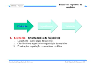 PUCRS - FACIN
Prof. Marcelo H. Yamaguti (14)
Processo de engenharia de
requisitos
1. Elicitação – levantamento de requisitos:
1. Descoberta - identificação de requisitos
2. Classificação e organização - organização de requisitos
3. Priorização e negociação - resolução de conflitos
Elicitação Especificação Validação
Introdução à Engenharia de Software
 