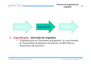PUCRS - FACIN
Prof. Marcelo H. Yamaguti (19)
Processo de engenharia de
requisitos
2. Especificação – descrição de requisitos
• Usualmente gera um ‘Documento de Requisitos’, às vezes chamado
de ‘Especificação de Requisitos de Software’ ou SRS (Software
Requirements Specification).
Elicitação Especificação Validação
Introdução à Engenharia de Software
 