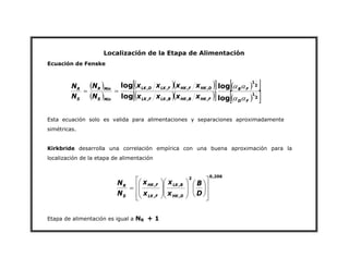 Localización de la Etapa de Alimentación
Ecuación de Fenske
( )
( )
( )( )
[ ]
( )( )
[ ]
( )
[ ]
( )
[ ]
2
1
2
1
,
,
,
,
,
,
,
,
log
log
log
log
F
D
F
B
F
HK
B
HK
B
LK
F
LK
D
HK
F
HK
F
LK
D
LK
Min
S
Min
R
S
R
x
x
x
x
x
x
x
x
N
N
N
N
α
α
α
α
=
=
Esta ecuación solo es valida para alimentaciones y separaciones aproximadamente
simétricas.
Kirkbride desarrolla una correlación empírica con una buena aproximación para la
localización de la etapa de alimentación
206
,
0
2
,
,
,
,
⎥
⎥
⎦
⎤
⎢
⎢
⎣
⎡
⎟
⎠
⎞
⎜
⎝
⎛
⎟
⎟
⎠
⎞
⎜
⎜
⎝
⎛
⎟
⎟
⎠
⎞
⎜
⎜
⎝
⎛
=
D
B
x
x
x
x
N
N
D
HK
B
LK
F
LK
F
HK
S
R
Etapa de alimentación es igual a NR + 1
 