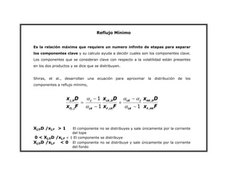 Reflujo Mínimo
Es la relación máxima que requiere un numero infinito de etapas para separar
los componentes clave y su calculo ayuda a decidir cuales son los componentes clave.
Los componentes que se consideran clave con respecto a la volatilidad están presentes
en los dos productos y se dice que se distribuyen.
Shiras, et al., desarrollan una ecuación para aproximar la distribución de los
componentes a reflujo mínimo,
F
x
D
x
F
x
D
x
F
x
D
x
HK
F
D
HK
LK
j
LK
LK
F
D
LK
LK
j
j
Fj
D
j
,
,
,
,
,
,
1
1
1
−
−
+
−
−
=
α
α
α
α
α
Xj,DD /xj,F > 1 El componente no se distribuyes y sale únicamente por la corriente
del tope
0 < Xj,DD /xj,F < 1 El componente se distribuye
Xj,DD /xj,F < 0 El componente no se distribuye y sale únicamente por la corriente
del fondo
 