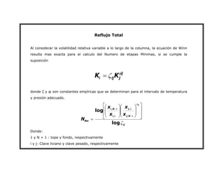 Reflujo Total
Al considerar la volatilidad relativa variable a lo largo de la columna, la ecuación de Winn
resulta mas exacta para el calculo del Numero de etapas Mínimas, si se cumple la
suposición
ij
j
ij
i K
K ϕ
ζ
=
donde ζ y φ son constantes empíricas que se determinan para el intervalo de temperatura
y presión adecuado.
ij
N
j
j
i
N
i
Min
ij
x
x
x
x
N
ζ
ϕ
log
log
,
,
,
,
⎥
⎥
⎦
⎤
⎢
⎢
⎣
⎡
⎟
⎟
⎠
⎞
⎜
⎜
⎝
⎛
⎟
⎟
⎠
⎞
⎜
⎜
⎝
⎛
=
+
+
1
1
1
1
Donde:
1 y N + 1 : tope y fondo, respectivamente
i y j: Clave liviano y clave pesado, respectivamente
 