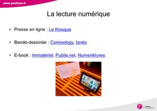 Direction des Archives, du Patrimoine, de l’Archéologie et de la Culture
• Presse en ligne : Le Kiosque
• Bande-dessinée : Comixology, Iznéo
• E-book : Immatériel, Publie.net, Numeriklivres
La lecture numérique
 