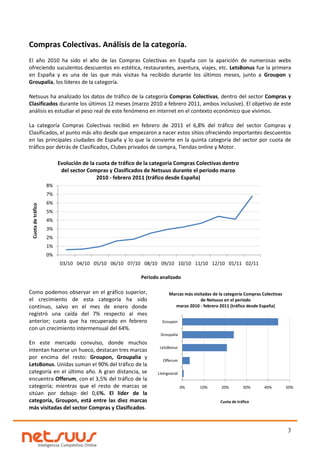 Compras Colectivas. Análisis de la categoría.
El año 2010 ha sido el año de las Compras Colectivas en España con la aparición de numerosas webs
ofreciendo suculentos descuentos en estética, restaurantes, aventura, viajes, etc. LetsBonus fue la primera
en España y es una de las que más visitas ha recibido durante los últimos meses, junto a Groupon y
Groupalia, los líderes de la categoría.

Netsuus ha analizado los datos de tráfico de la categoría Compras Colectivas, dentro del sector Compras y
Clasificados durante los últimos 12 meses (marzo 2010 a febrero 2011, ambos inclusive). El objetivo de este
análisis es estudiar el peso real de este fenómeno en internet en el contexto económico que vivimos.

La categoría Compras Colectivas recibió en febrero de 2011 el 6,8% del tráfico del sector Compras y
Clasificados, el punto más alto desde que empezaron a nacer estos sitios ofreciendo importantes descuentos
en las principales ciudades de España y lo que la convierte en la quinta categoría del sector por cuota de
tráfico por detrás de Clasificados, Clubes privados de compra, Tiendas online y Motor.

                         Evolución de la cuota de tráfico de la categoría Compras Colectivas dentro
                          del sector Compras y Clasificados de Netsuus durante el periodo marzo
                                         2010 - febrero 2011 (tráfico desde España)
                    8%
                    7%
                    6%
 Cuota de tráfico




                    5%
                    4%
                    3%
                    2%
                    1%
                    0%
                         03/10 04/10 05/10 06/10 07/10 08/10 09/10 10/10 11/10 12/10 01/11 02/11

                                                           Periodo analizado

Como podemos observar en el gráfico superior,                           Marcas más visitadas de la categoría Compras Colectivas
el crecimiento de esta categoría ha sido                                               de Netsuus en el periodo
continuo, salvo en el mes de enero donde                                  marzo 2010 - febrero 2011 (tráfico desde España)
registró una caída del 7% respecto al mes
anterior; cuota que ha recuperado en febrero                        Groupon
con un crecimiento intermensual del 64%.
                                                                   Groupalia
En este mercado convulso, donde muchos
                                                                   LetsBonus
intentan hacerse un hueco, destacan tres marcas
por encima del resto: Groupon, Groupalia y                           Offerum
LetsBonus. Unidas suman el 90% del tráfico de la
categoría en el último año. A gran distancia, se                  Livingsocial
encuentra Offerum, con el 3,5% del tráfico de la
categoría; mientras que el resto de marcas se                                    0%    10%       20%         30%      40%         50%
sitúan por debajo del 0,6%. El líder de la
categoría, Groupon, está entre las diez marcas                                                   Cuota de tráfico
más visitadas del sector Compras y Clasificados.


                                                                                                                                  3
 