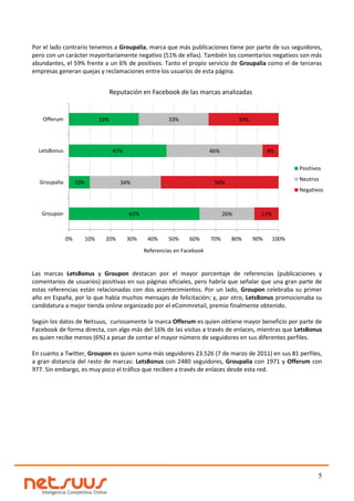Por el lado contrario tenemos a Groupalia, marca que más publicaciones tiene por parte de sus seguidores,
pero con un carácter mayoritariamente negativo (51% de ellas). También los comentarios negativos son más
abundantes, el 59% frente a un 6% de positivos. Tanto el propio servicio de Groupalia como el de terceras
empresas generan quejas y reclamaciones entre los usuarios de esta página.


                                     Reputación en Facebook de las marcas analizadas


   Offerum                     33%                         33%                          33%




  LetsBonus                           47%                                   46%                     8%

                                                                                                             Positivos
                                                                                                             Neutros
  Groupalia        10%                  34%                                  56%
                                                                                                             Negativos



   Groupon                                  62%                                   26%           12%



              0%         10%     20%        30%    40%     50%     60%      70%     80%       90%     100%
                                                  Referencias en Facebook


Las marcas LetsBonus y Groupon destacan por el mayor porcentaje de referencias (publicaciones y
comentarios de usuarios) positivas en sus páginas oficiales, pero habría que señalar que una gran parte de
estas referencias están relacionadas con dos acontecimientos. Por un lado, Groupon celebraba su primer
año en España, por lo que había muchos mensajes de felicitación; y, por otro, LetsBonus promocionaba su
candidatura a mejor tienda online organizado por el eCommretail, premio finalmente obtenido.

Según los datos de Netsuus, curiosamente la marca Offerum es quien obtiene mayor beneficio por parte de
Facebook de forma directa, con algo más del 16% de las visitas a través de enlaces, mientras que LetsBonus
es quien recibe menos (6%) a pesar de contar el mayor número de seguidores en sus diferentes perfiles.

En cuanto a Twitter, Groupon es quien suma más seguidores 23.526 (7 de marzo de 2011) en sus 81 perfiles,
a gran distancia del resto de marcas: LetsBonus con 2480 seguidores, Groupalia con 1971 y Offerum con
977. Sin embargo, es muy poco el tráfico que reciben a través de enlaces desde esta red.




                                                                                                                    5
 